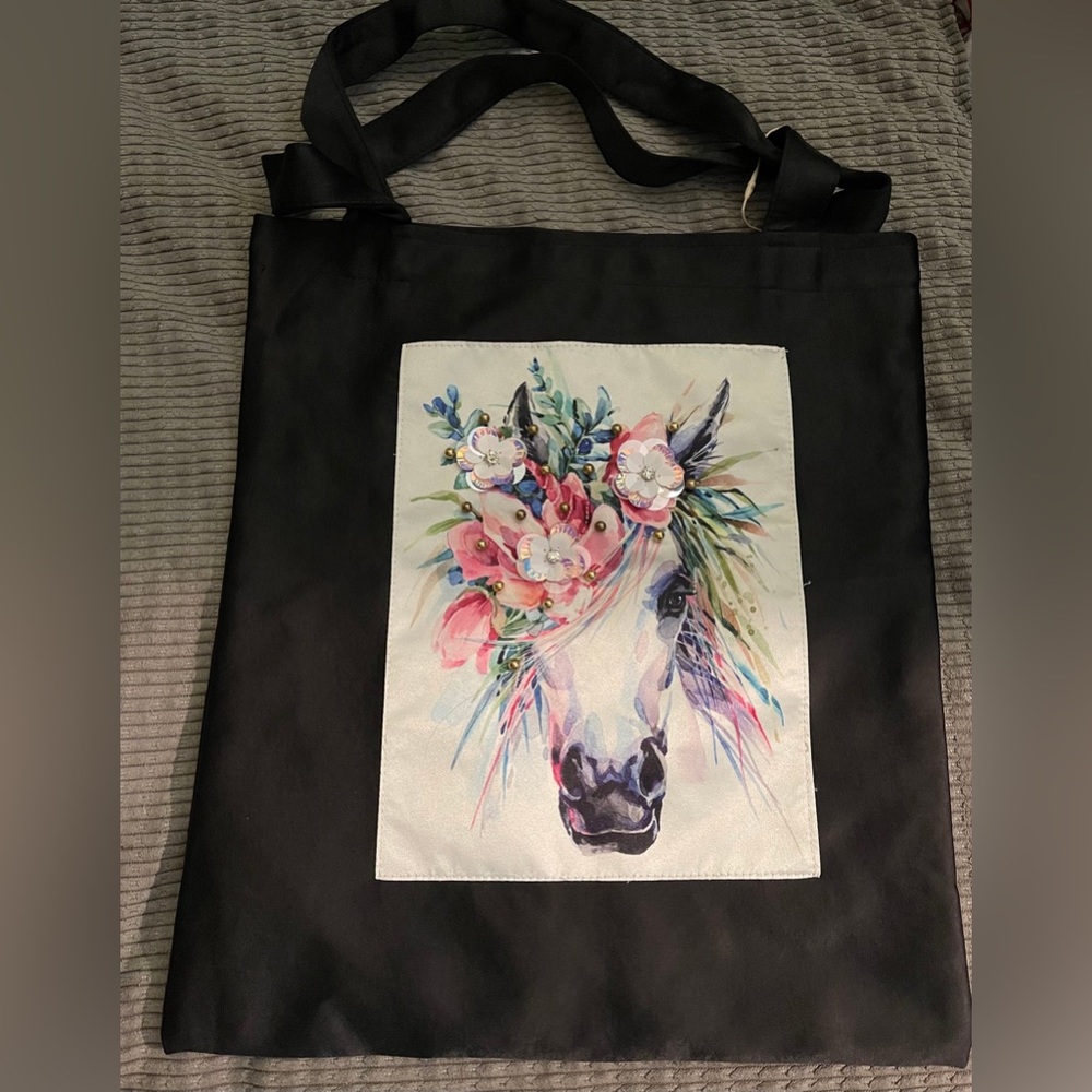 Satin tote bag with Unicorn patch. Never used.